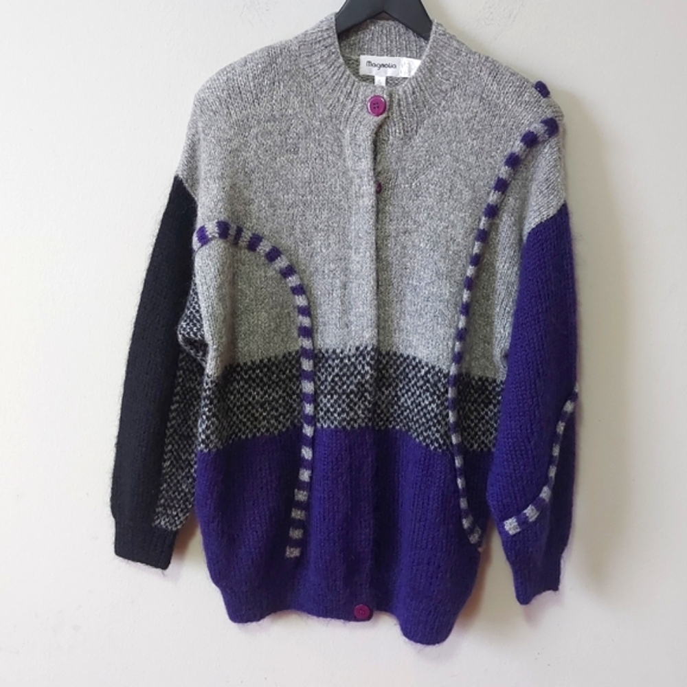 Magnolia Mohair Wool Blend Women Button Up Cardigan Large Purple Gray Coogi Cozy